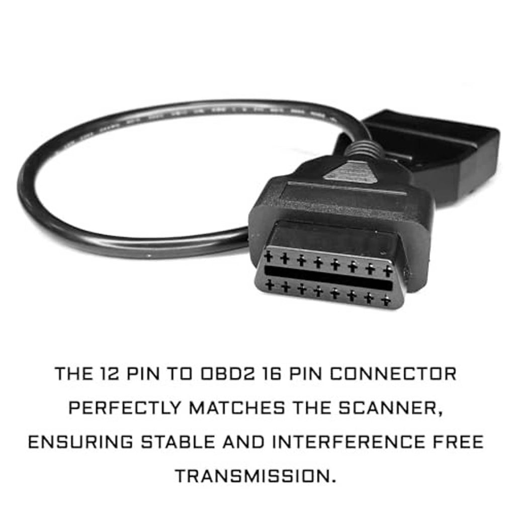 OBD adapter cable with black 12-pin plug and 16-pin connector on molded housings