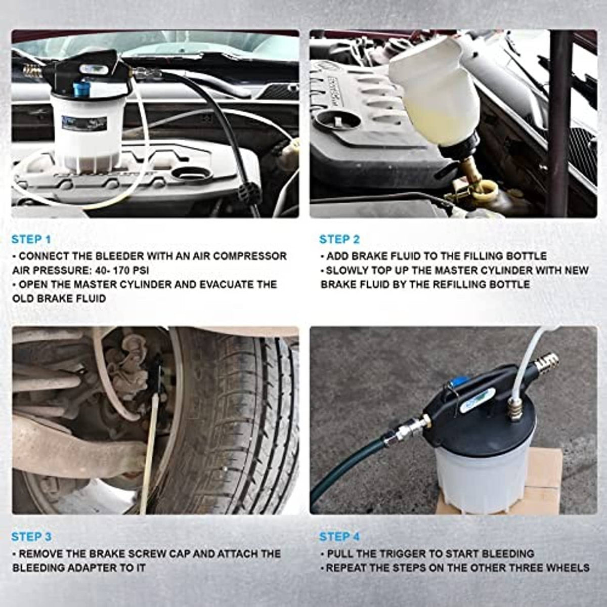 Vacuum brake bleeder setup showing pump, refill bottle, hoses, and wheel bleed connections