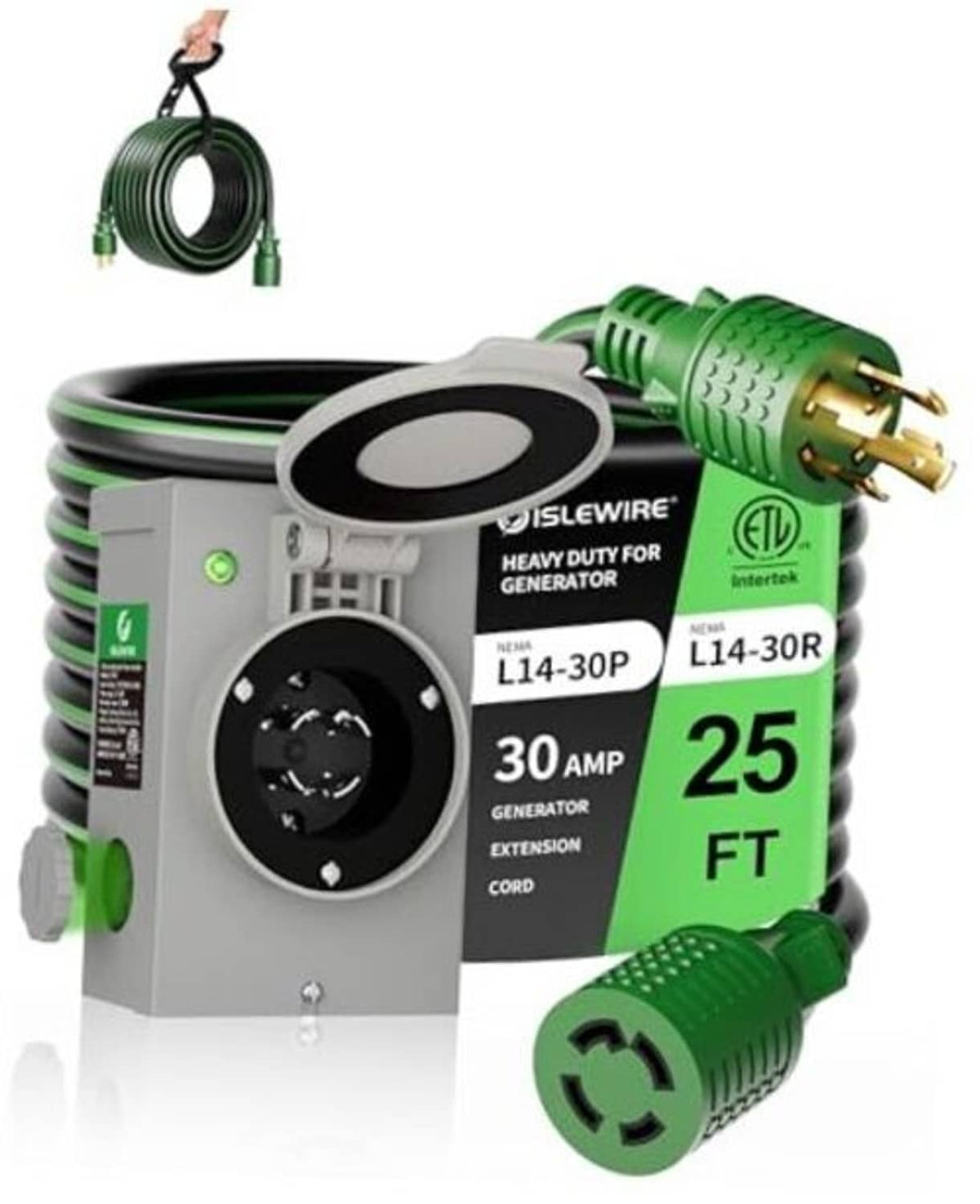 Generator power inlet box with NEMA L14-30 connector and green 25 ft extension cord