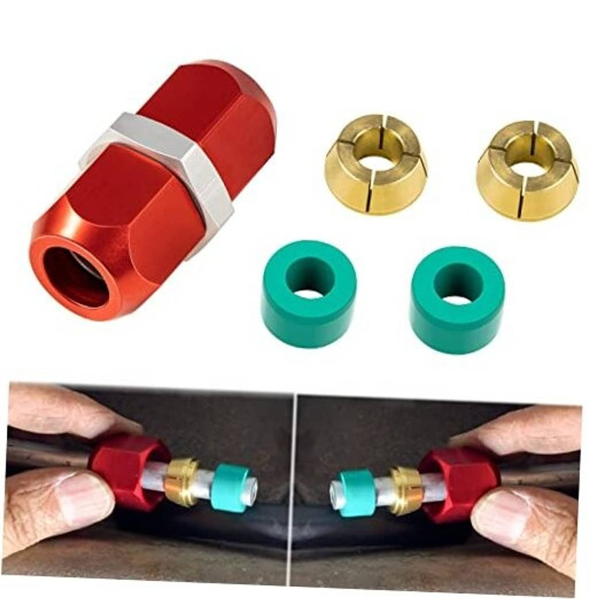 AC splice connector with red coupling, brass nuts, and green sealing sleeves set