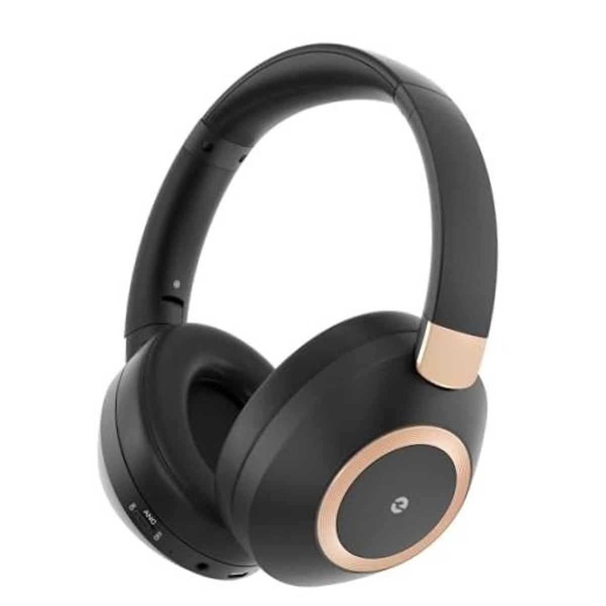 Black wireless over-ear headphones with cushioned ear cups and rose-gold accent ring
