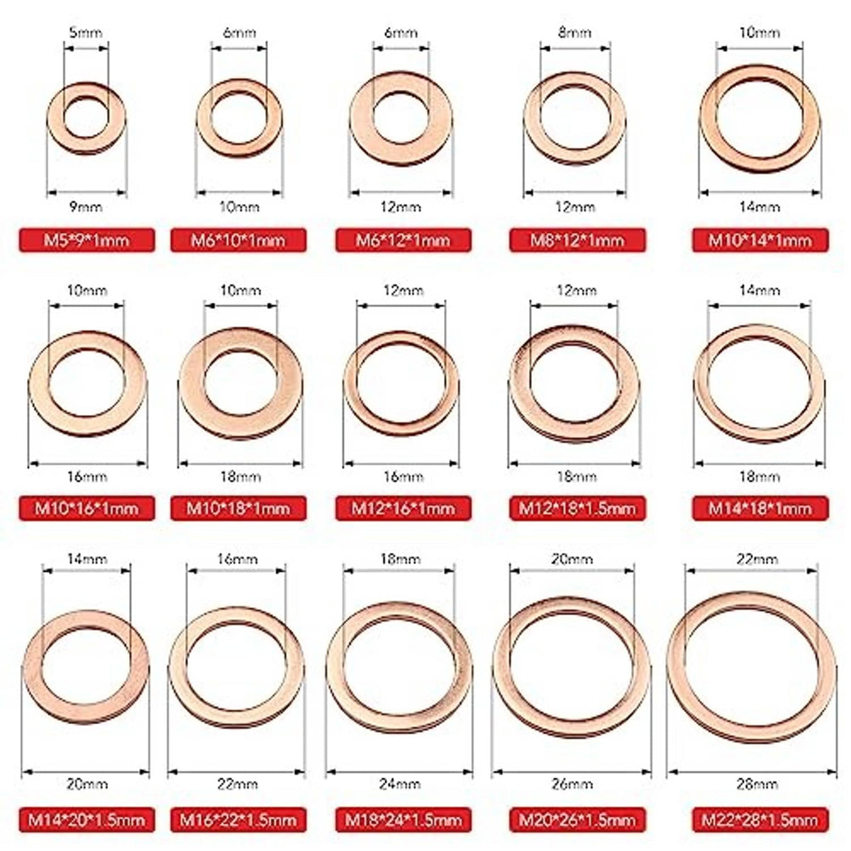Copper sealing washer size chart showing ring dimensions for multiple metric sizes.