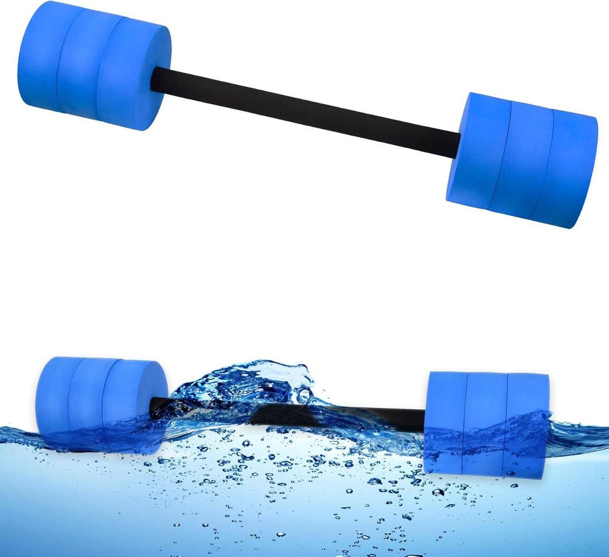 Blue foam water resistance dumbbell with black bar and end grips