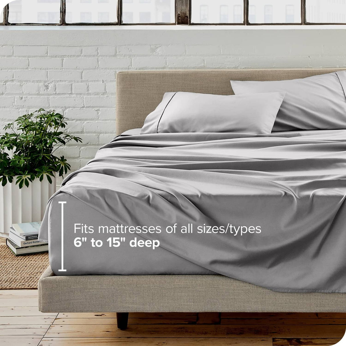 Light grey king sheet set with fitted sheet sized for 6–15 inch deep mattresses