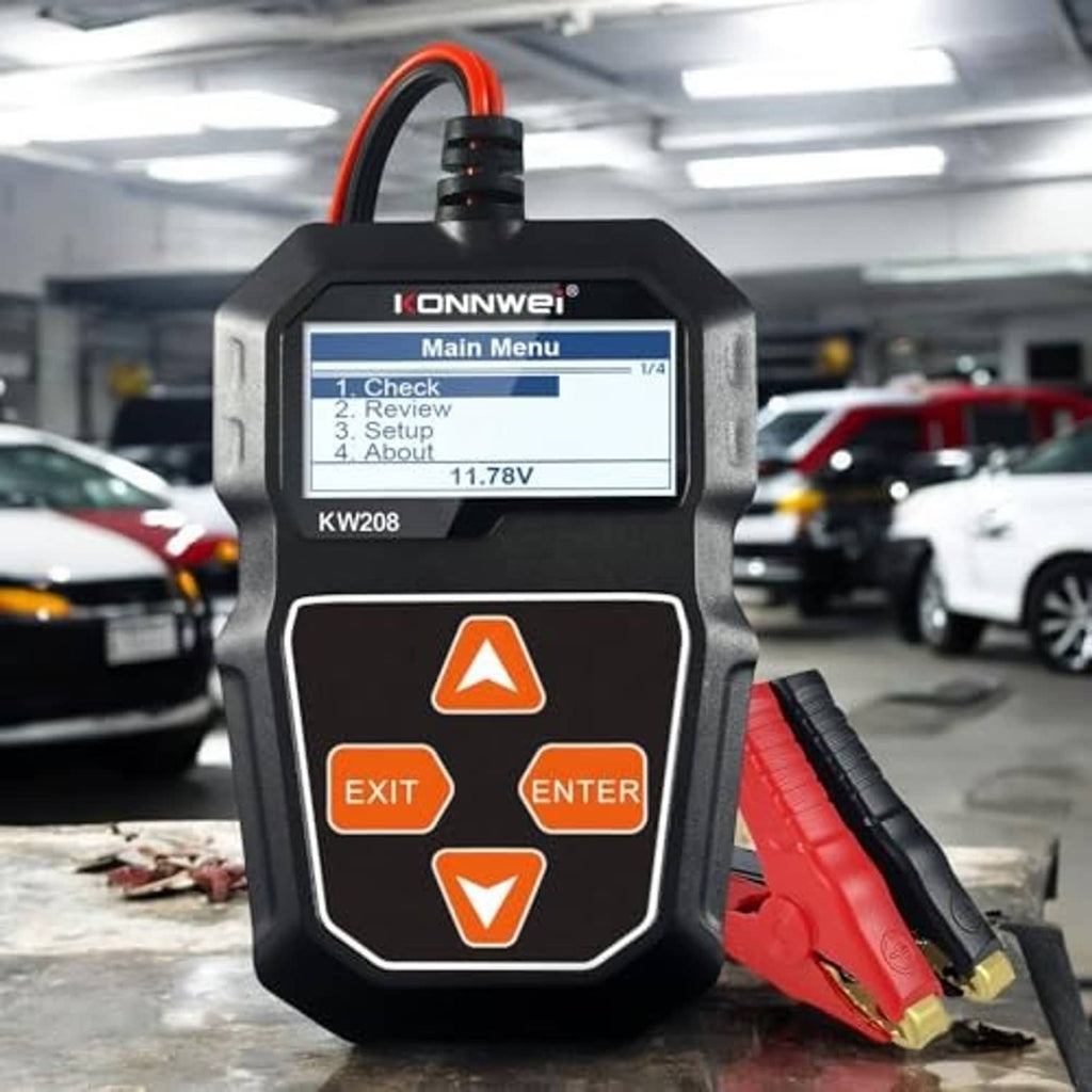 KONNWEI KW208 car battery tester upright with red/black clamps and menu display