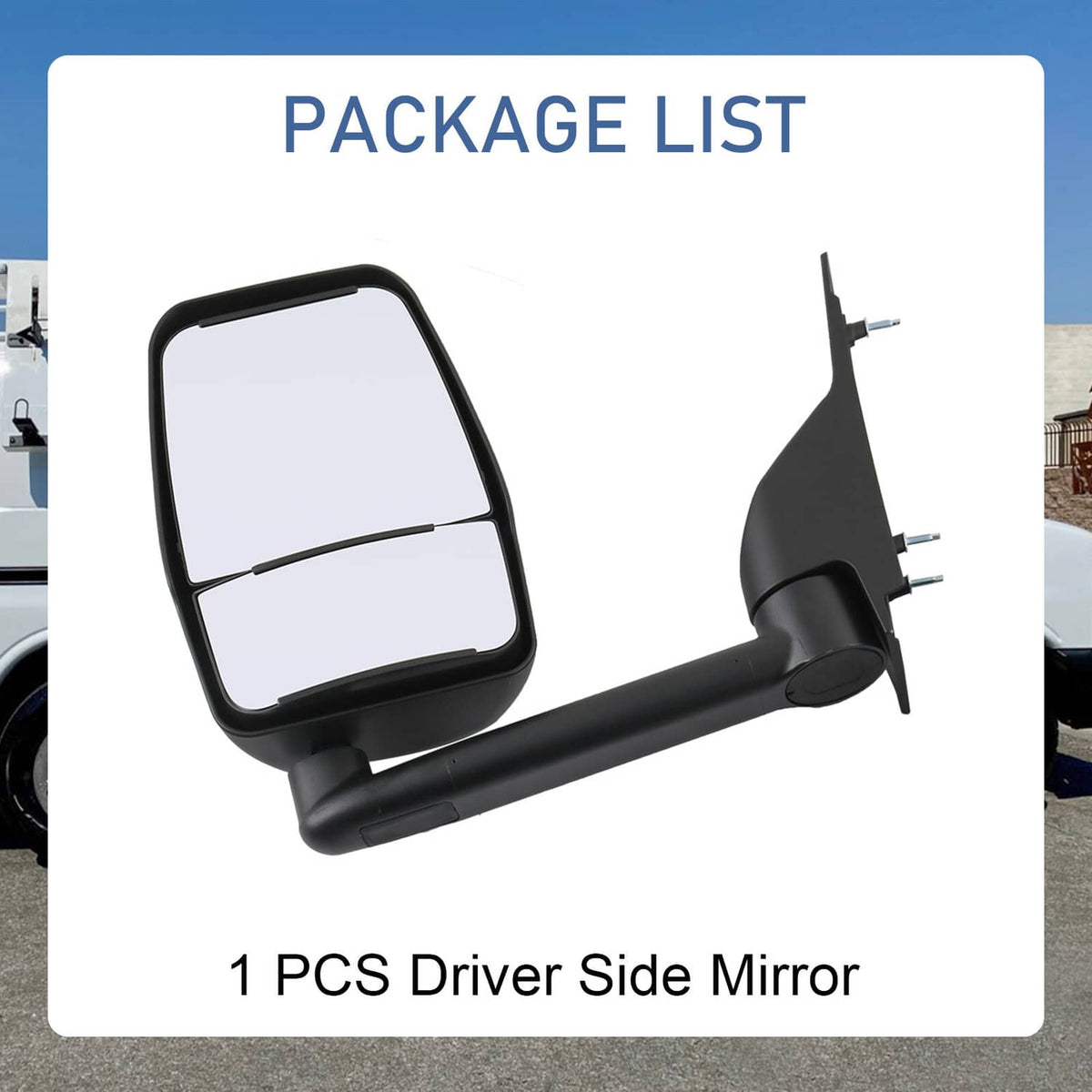 Black driver-side manual towing mirror with mounting hardware and clear glass