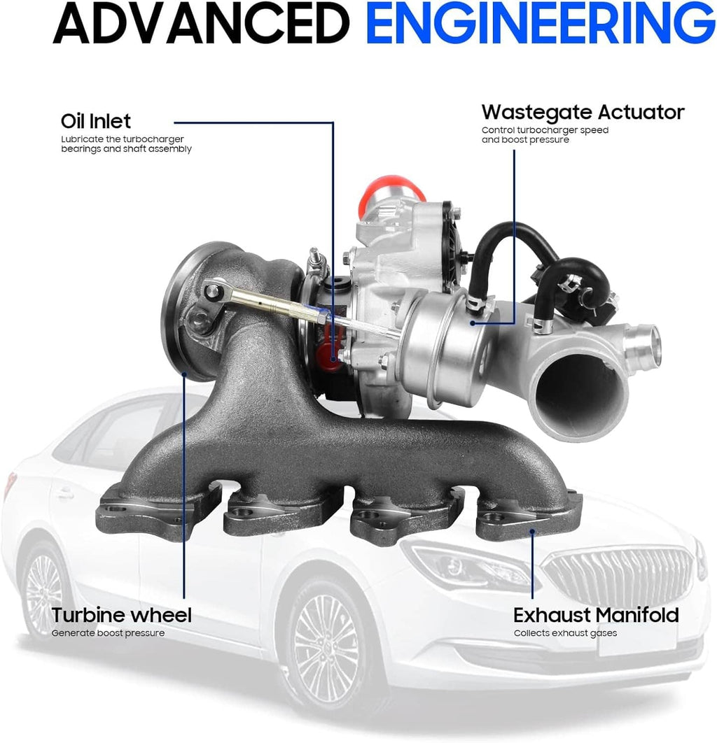 Turbocharger with exhaust housing and turbine wheel detail, dark gray and silver