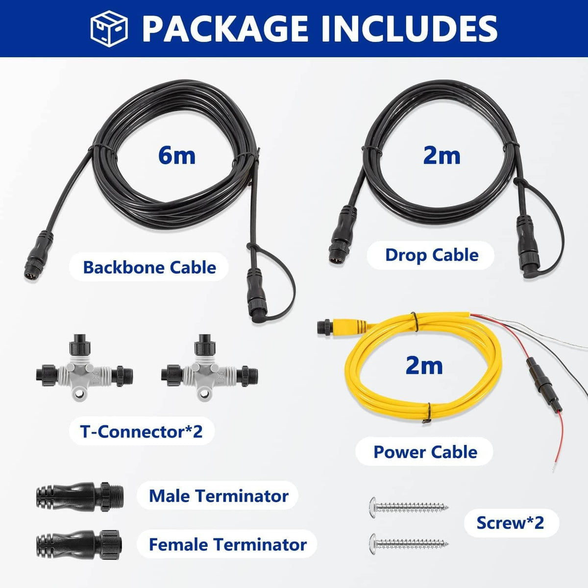 NMEA 2000 starter kit package with backbone, drop, power cables and T-connectors