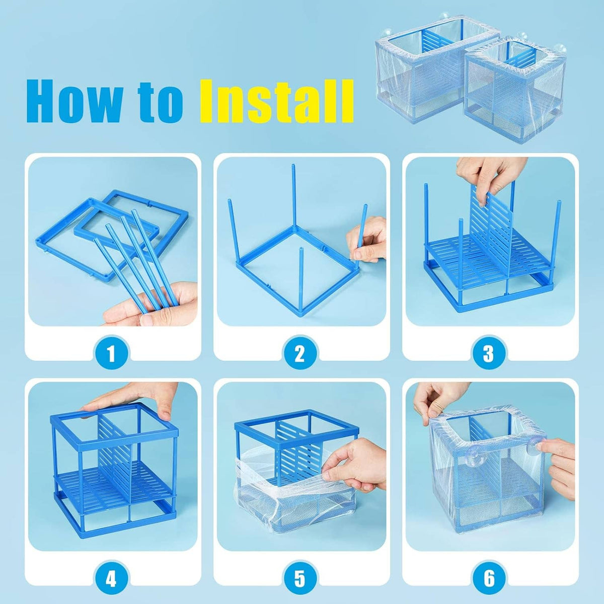 Blue mesh aquarium breeder shown with installation steps and frame pieces
