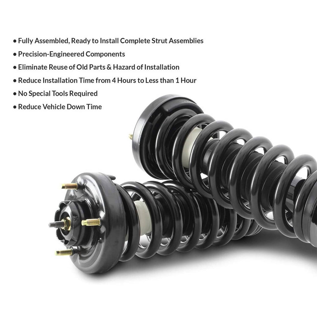 Pair of complete strut assemblies with black coil springs and gray shock bodies, side view.