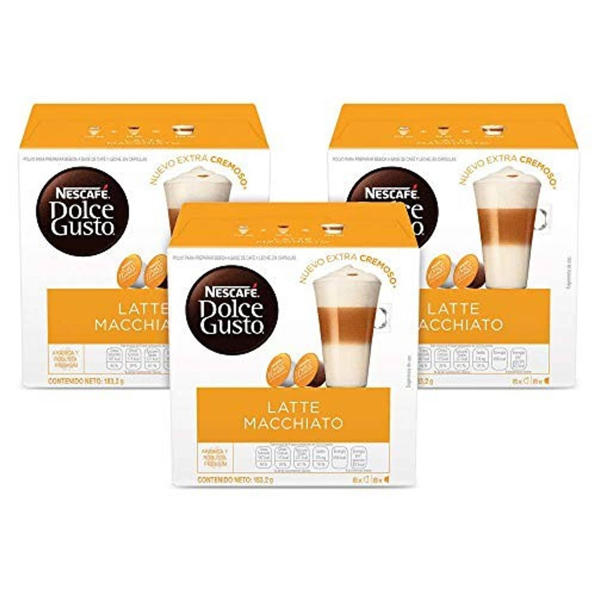 Latte macchiato coffee pod multipack with three Nescafe Dolce Gusto boxes