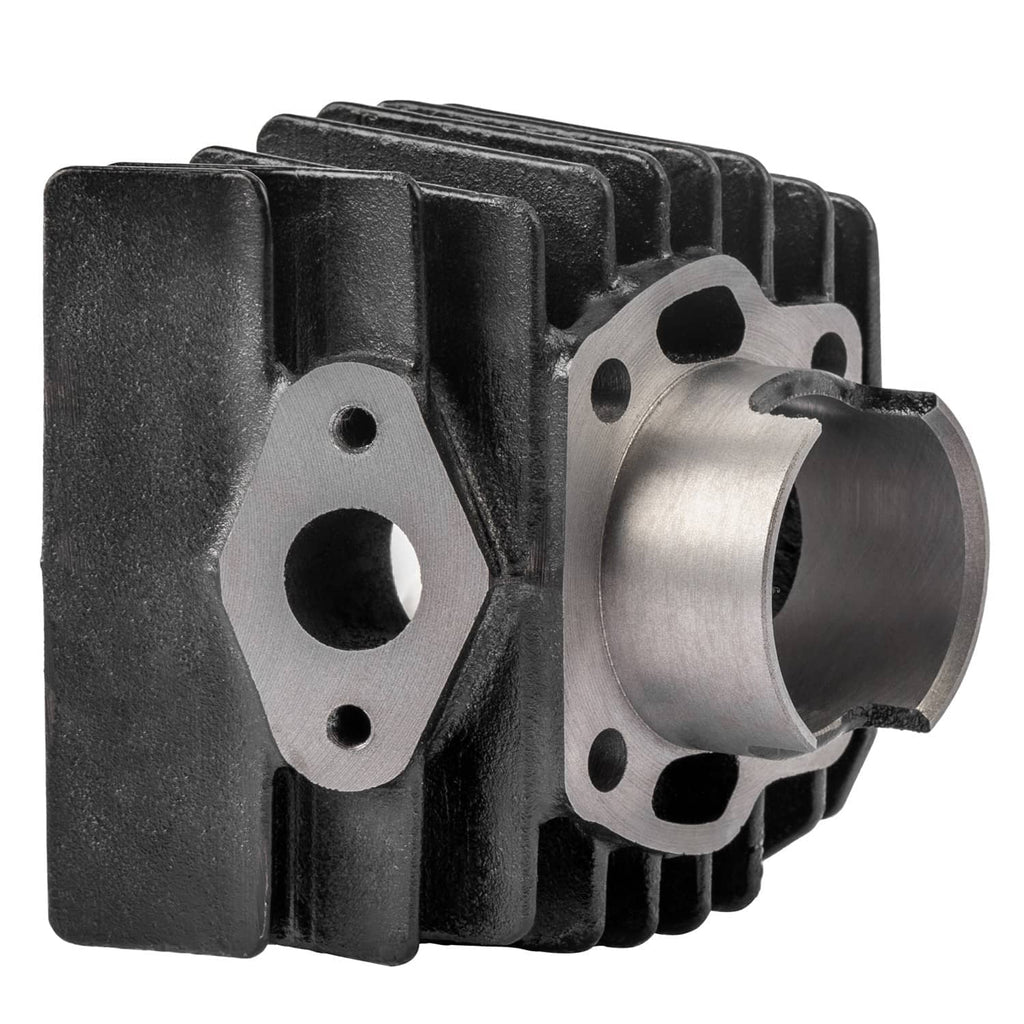 Cylinder block with black fins and machined piston sleeve with mounting holes