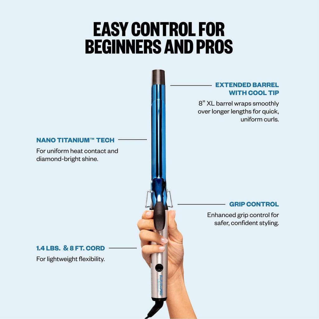 BaBylissPRO nano titanium curling iron with extended barrel and cool tip