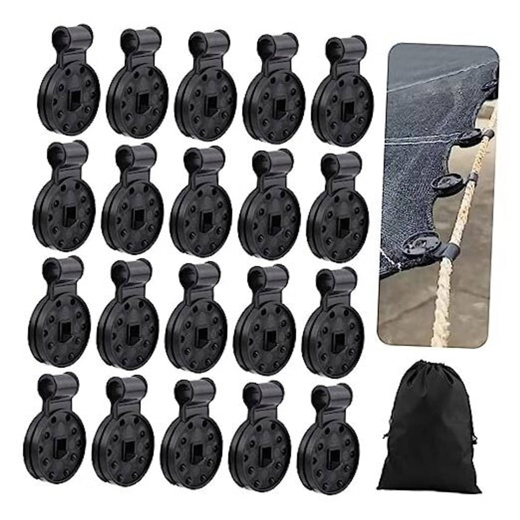 Black plastic lock grip net clips set with drawstring storage bag, 20-pack