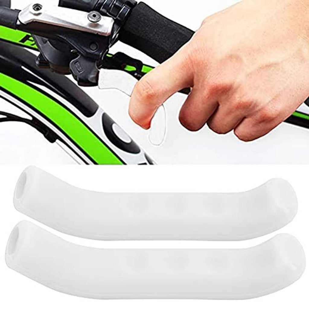White silicone brake lever grip sleeve being fitted by a hand