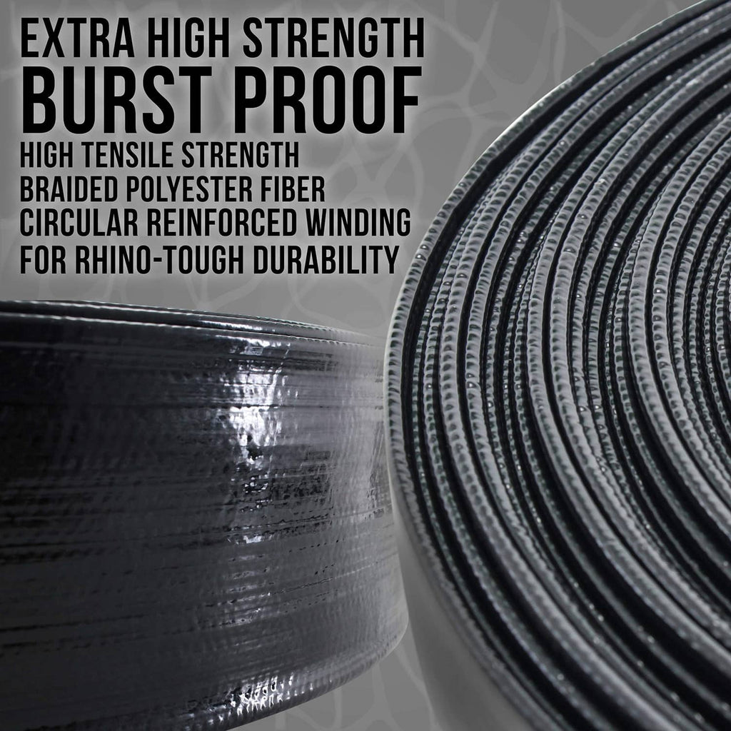 Black backwash hose close-up showing reinforced braided polyester fibers