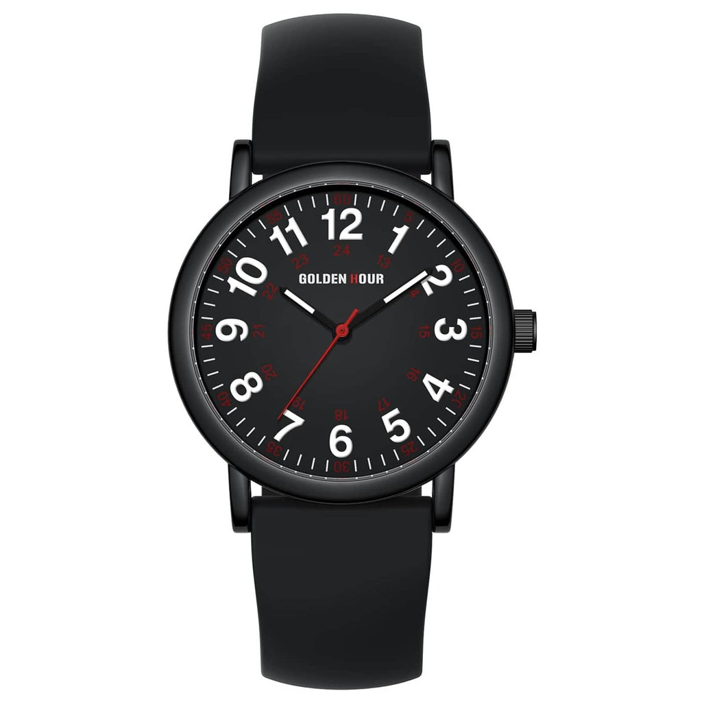 Black silicone nurse watch with round face, red seconds hand, and numbered bezel