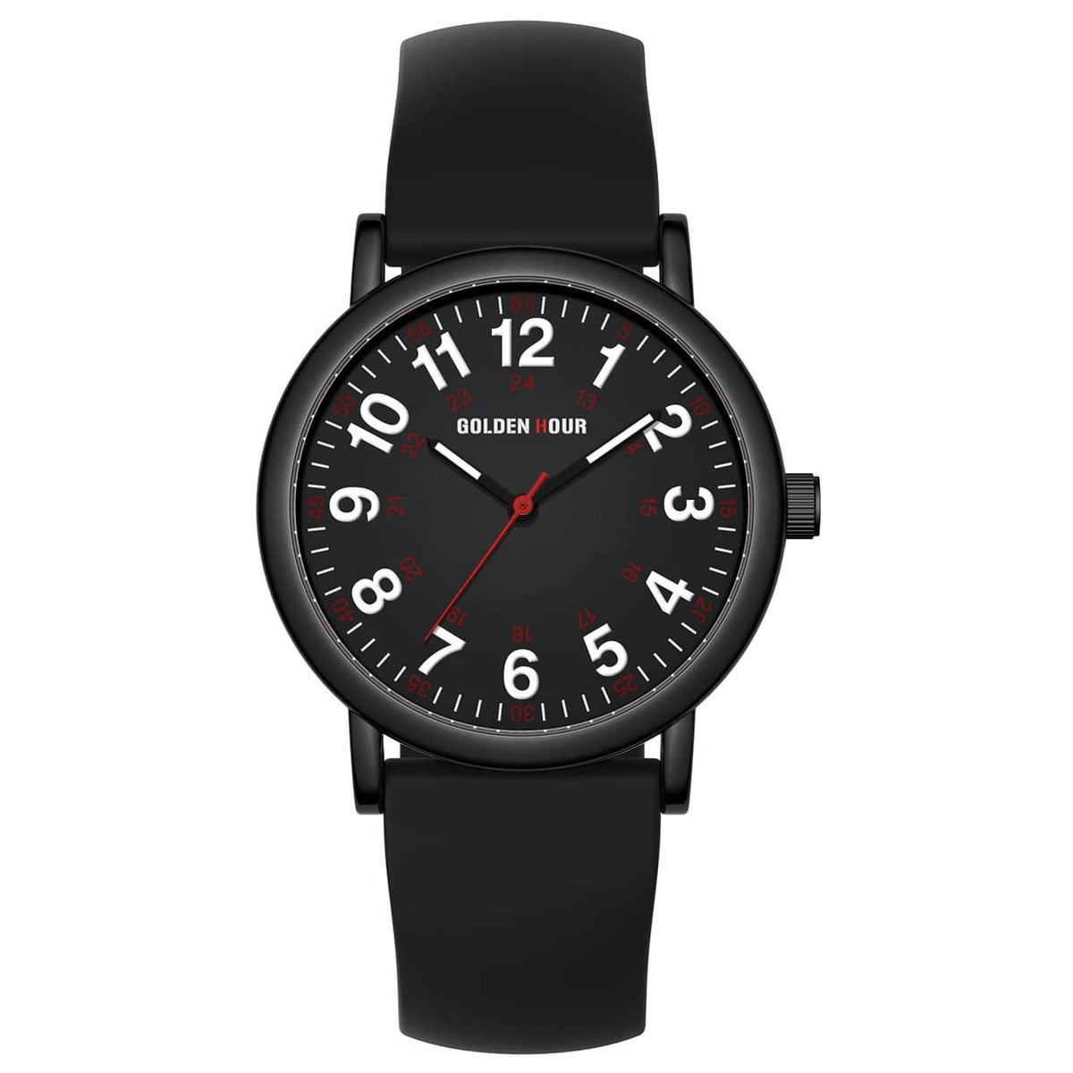 Black silicone nurse watch with round face, red seconds hand, and numbered bezel