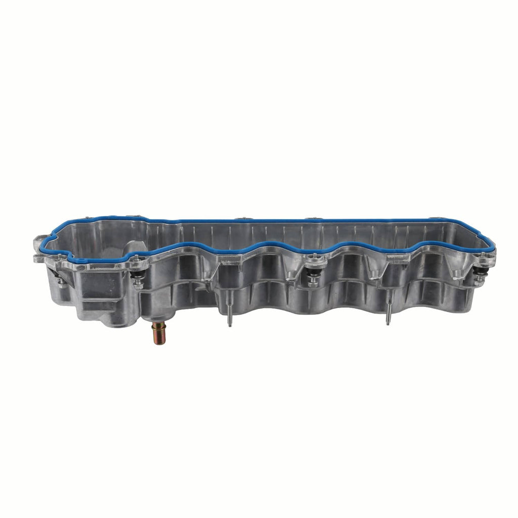 Engine valve cover, metallic gray with extended blue gasket seal and oil fitting post