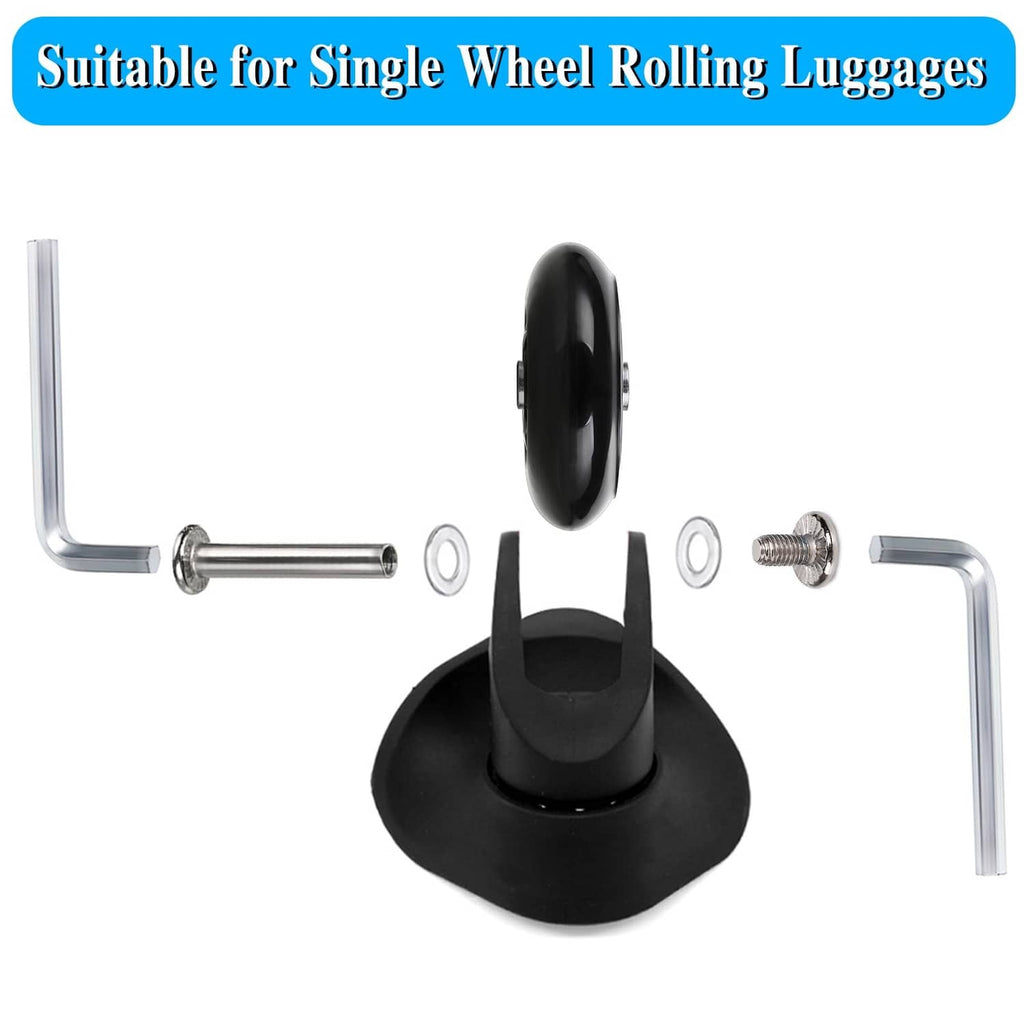 Black single rolling luggage wheel with mounting bracket, axle bars, and screws