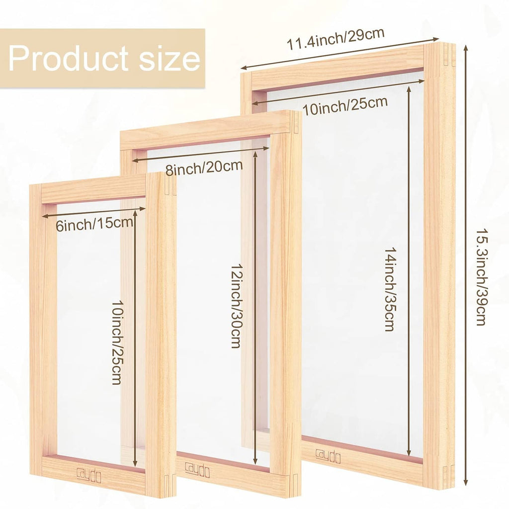 Wood silk screen printing frames set with mesh, shown with size dimensions