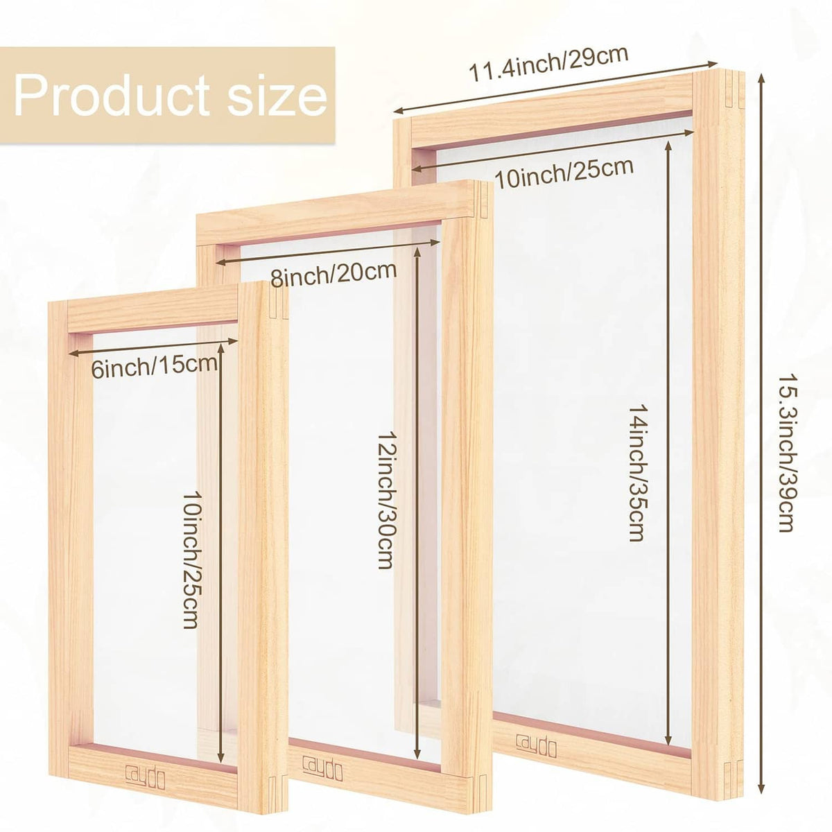 Wood silk screen printing frames set with mesh, shown with size dimensions