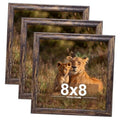 Three 8x8 square photo frames with rustic brown wood-look borders, set of 3