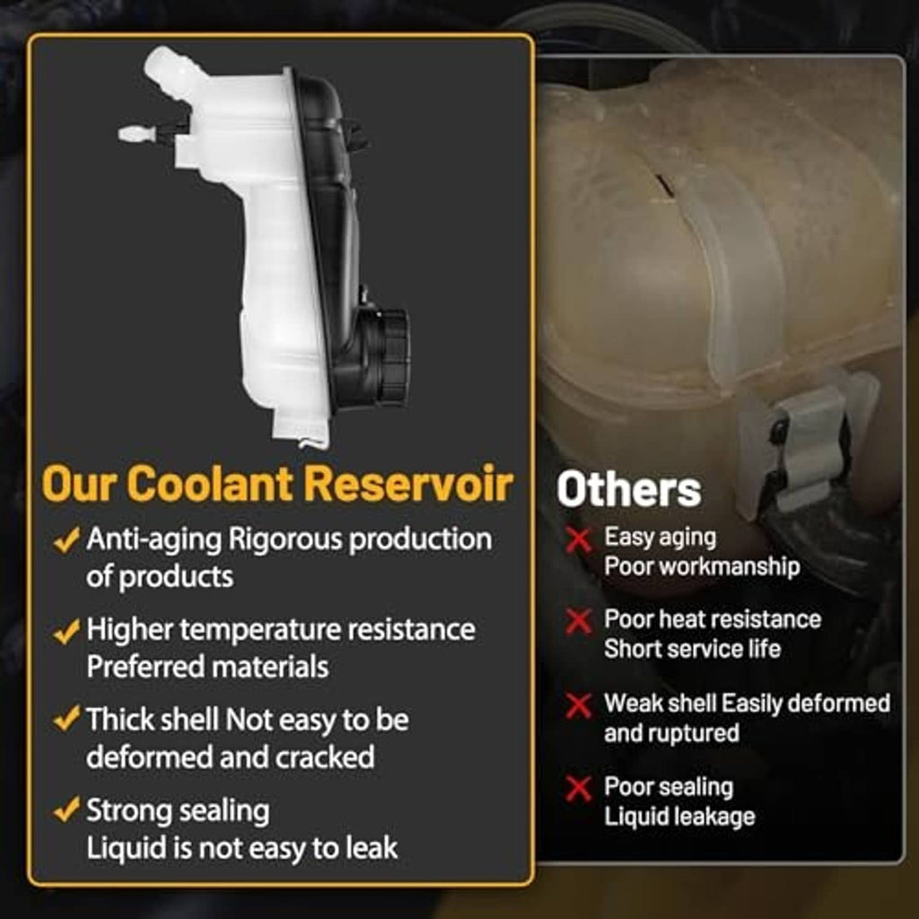 Coolant expansion overflow tank with black cap, white reservoir, and hose connection