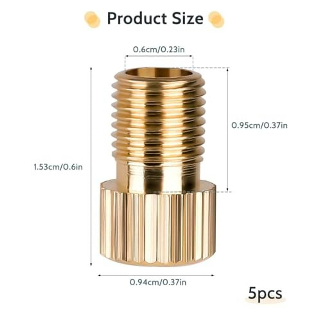 Brass Presta-to-Schrader valve adapter with ribbed threads and flared base, single piece