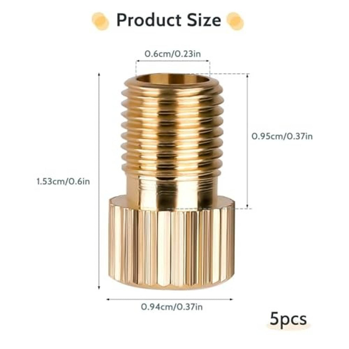 Brass Presta-to-Schrader valve adapter with ribbed threads and flared base, single piece