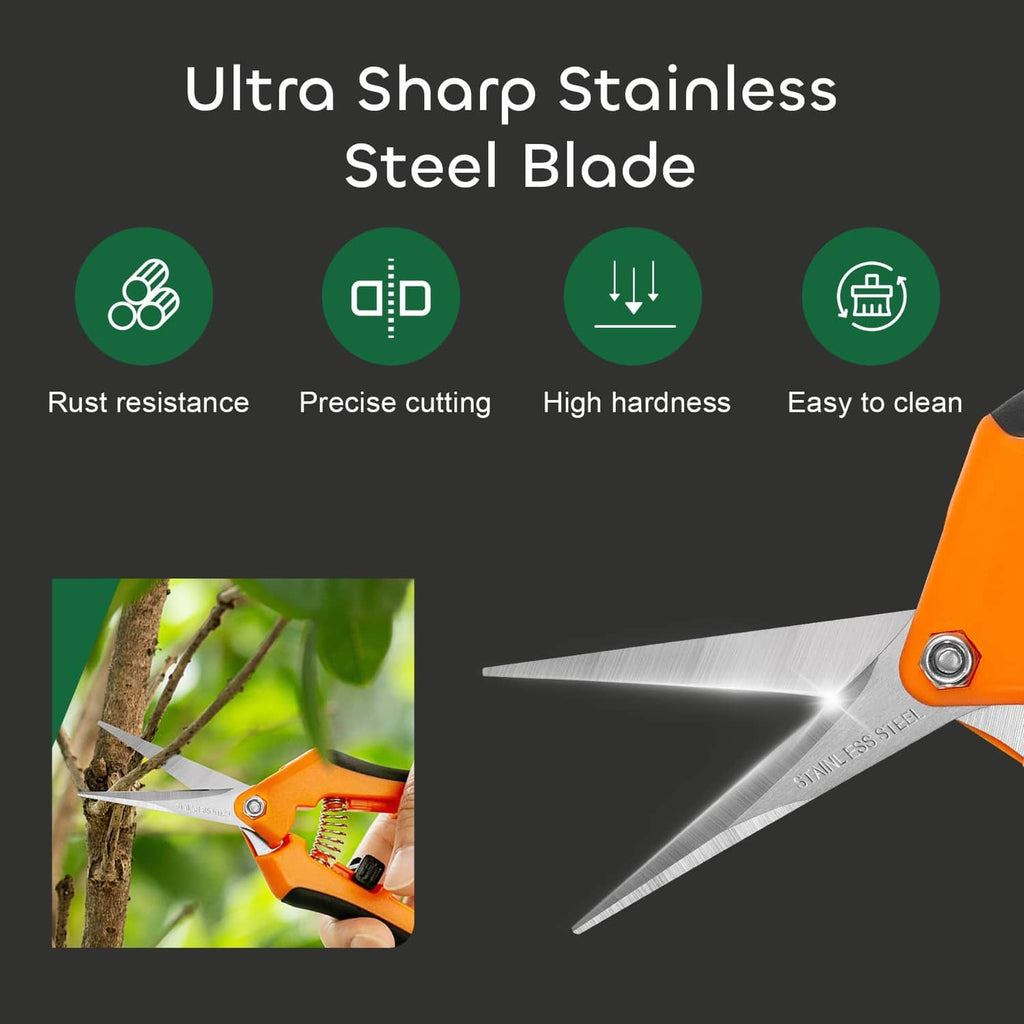 Orange pruning shears with stainless steel blade tip and black grip, detail view