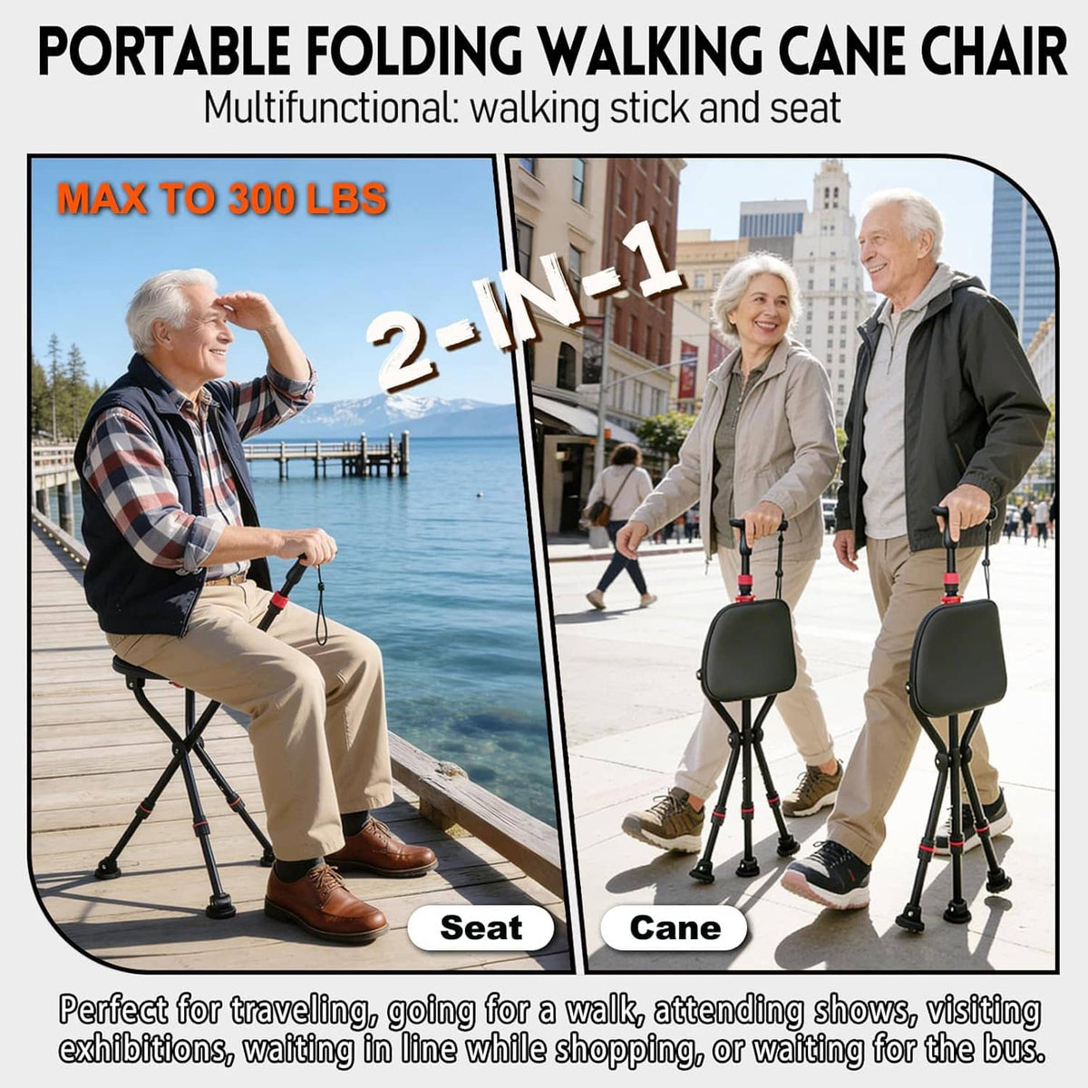 Portable folding cane chair with seat and walking cane, person seated outdoors