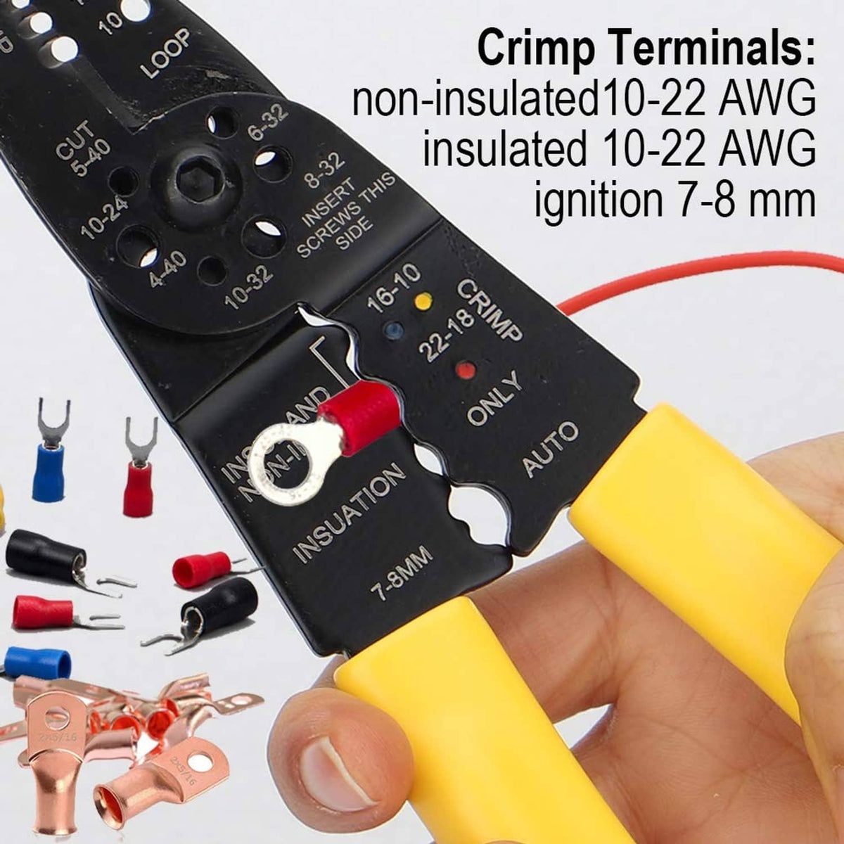 Wire crimping and stripping tool with yellow handle and numbered crimp areas