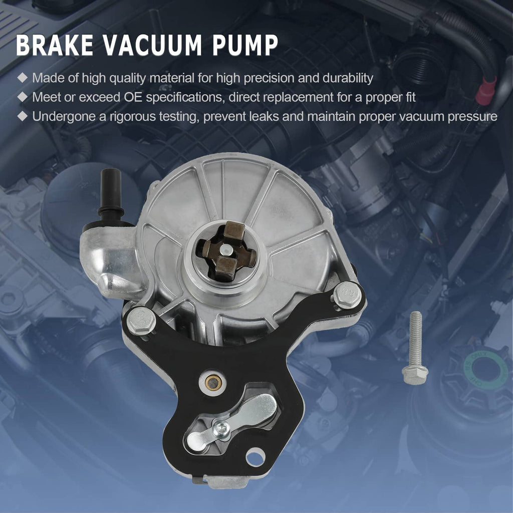 Brake vacuum pump with circular metal housing cover and black vacuum hose port