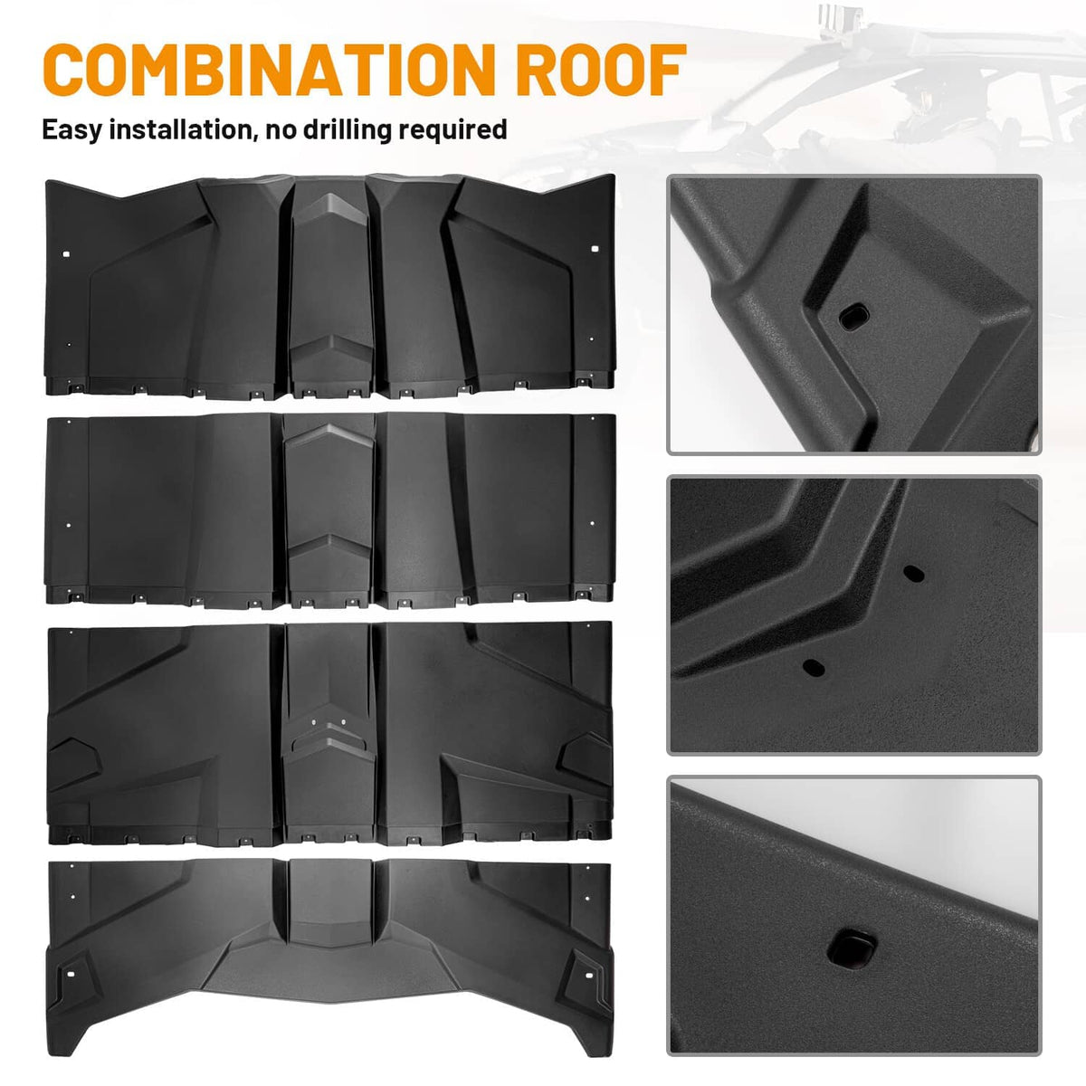 Black plastic roof top kit with multiple panels and close-up of fastener details