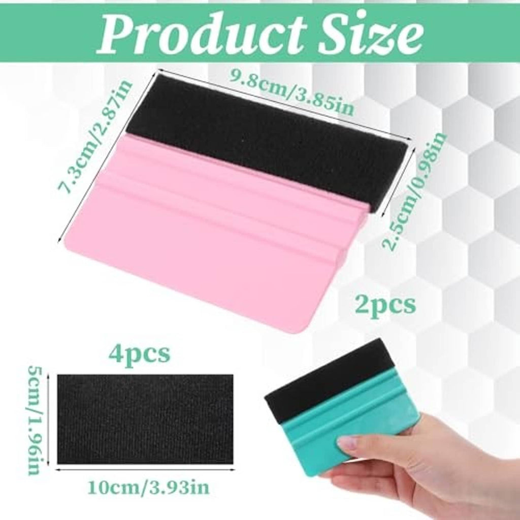 Vinyl squeegee pair with pink and teal plastic handles and black felt edges