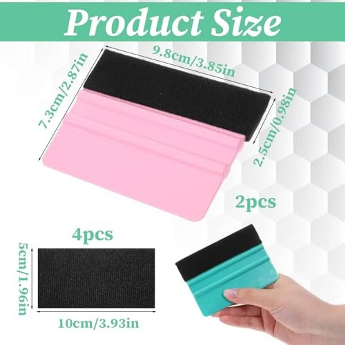 Vinyl squeegee pair with pink and teal plastic handles and black felt edges
