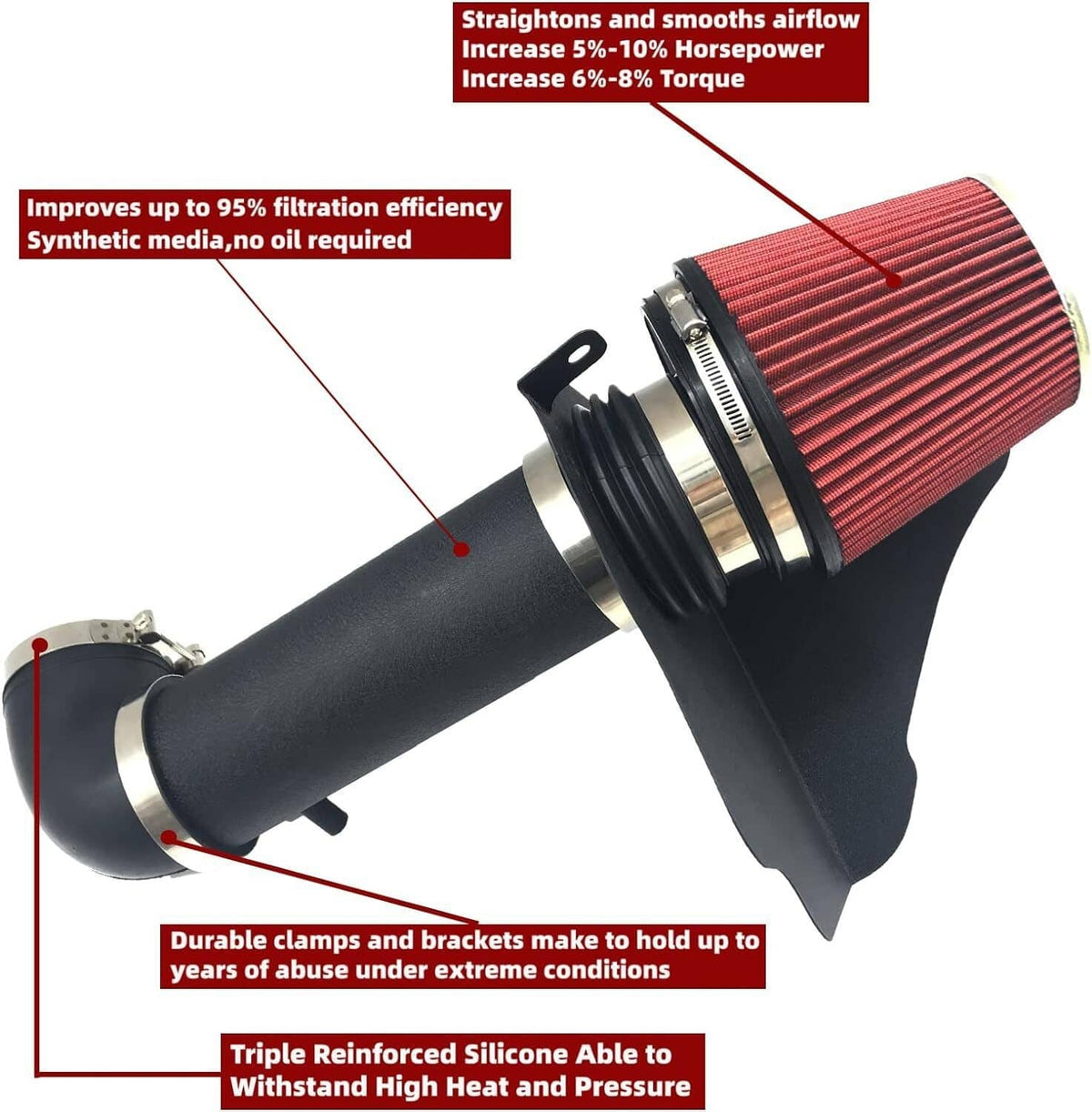 Cold air intake kit showing red cone filter, black intake tube, clamp rings, and shield