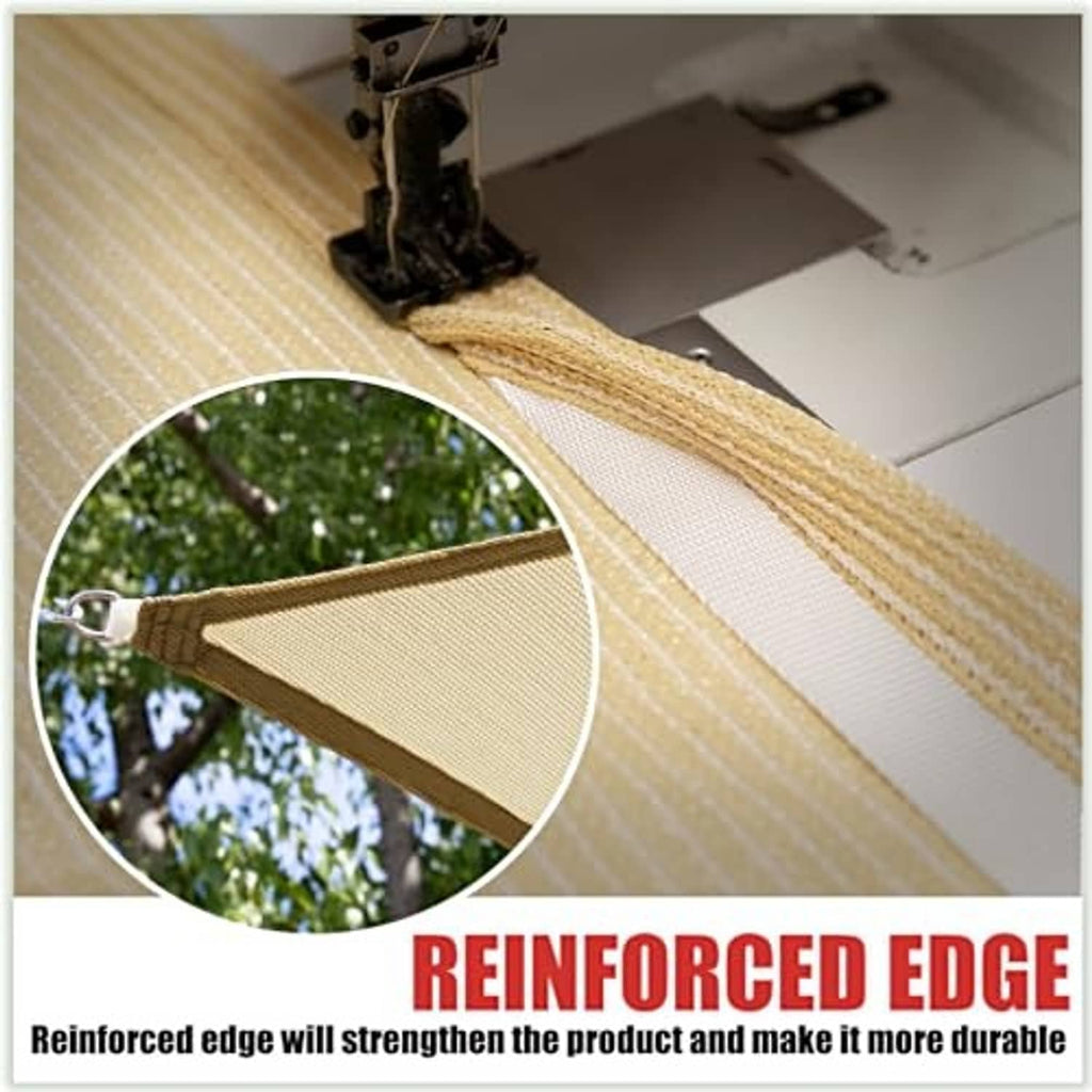 Grey shade sail fabric close-up showing reinforced edge seam and grommet