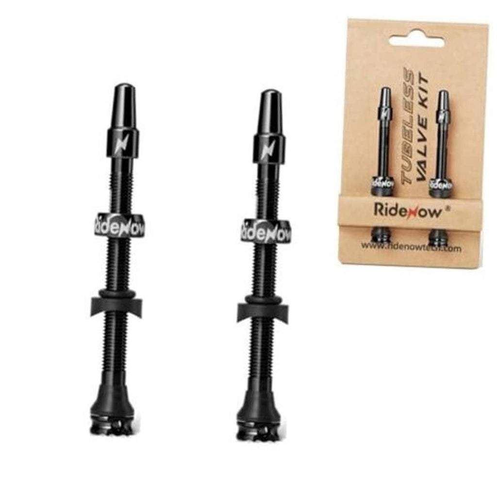 Black Presta tubeless valve stems, two-pack with threaded bases and caps