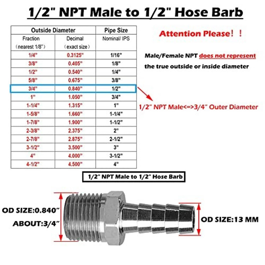 1/2 in NPT male to 1/2 in hose barb fitting size chart with outside diameter callouts