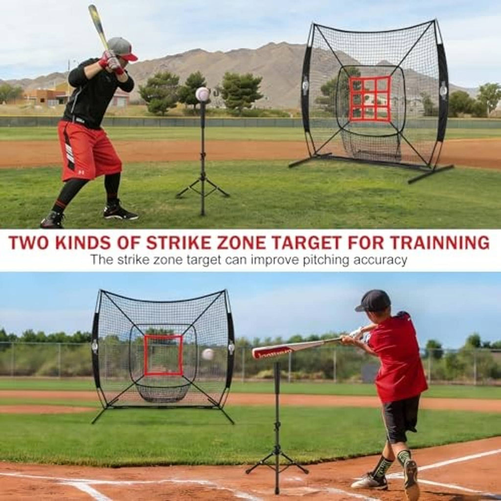 Baseball practice net with red strike-zone target and batting tee for field drills