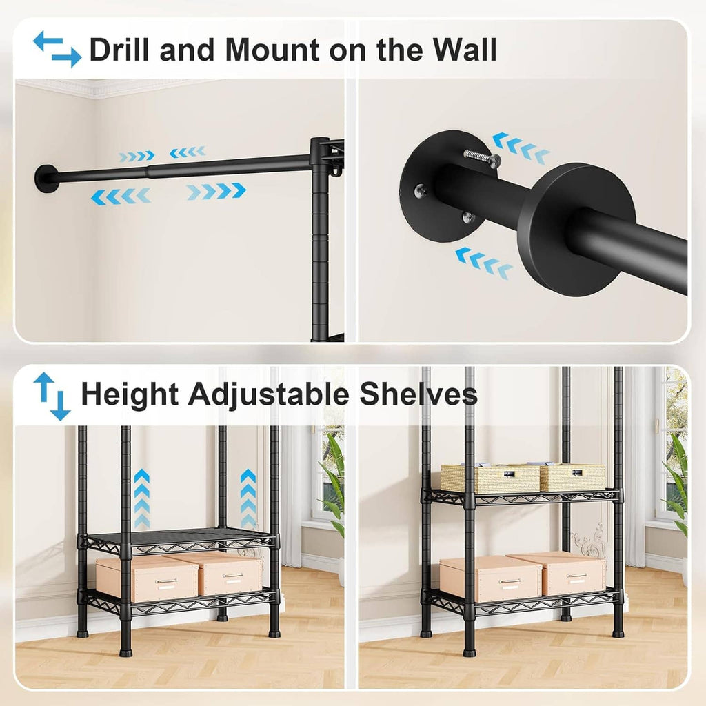 Black wall-mounted closet rack with adjustable shelves and hanger rods for hanging clothes.