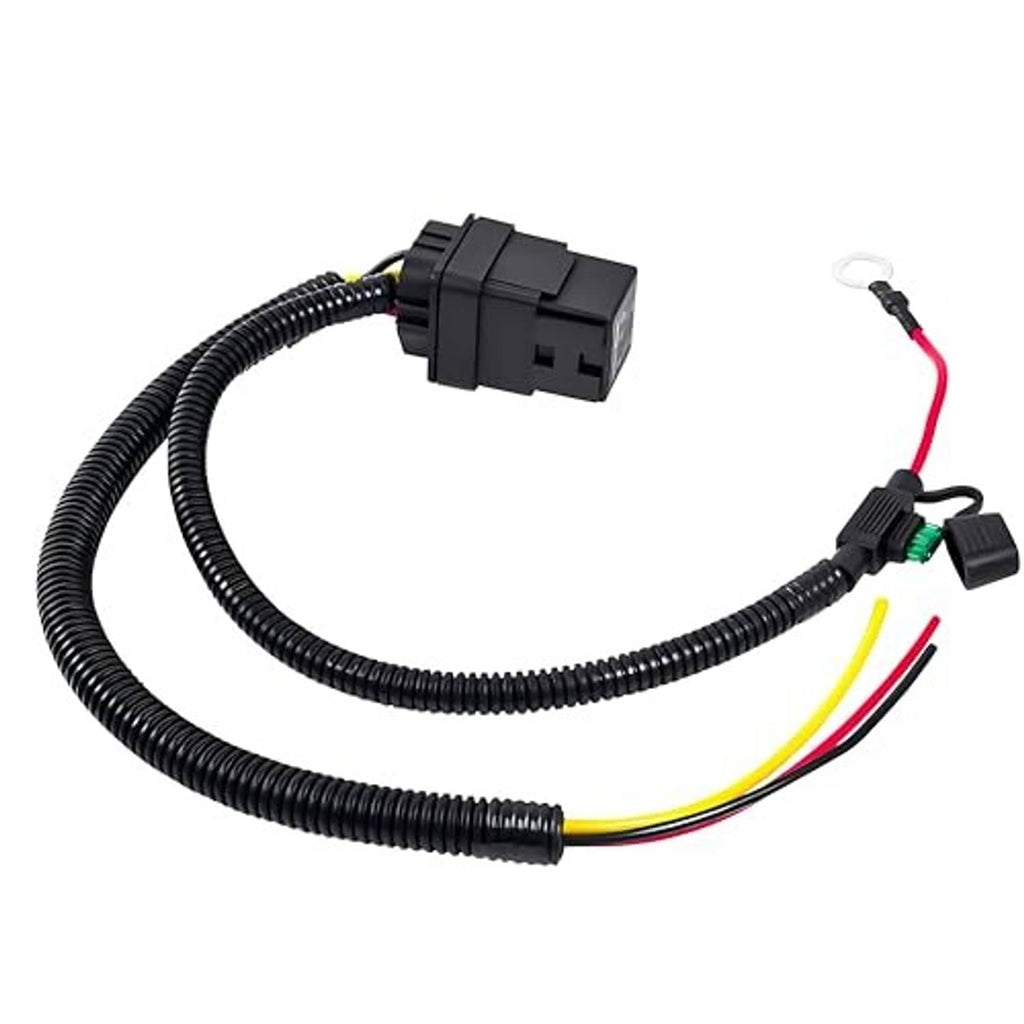 Fuel pump relay wiring harness with coiled black loom and connector plug