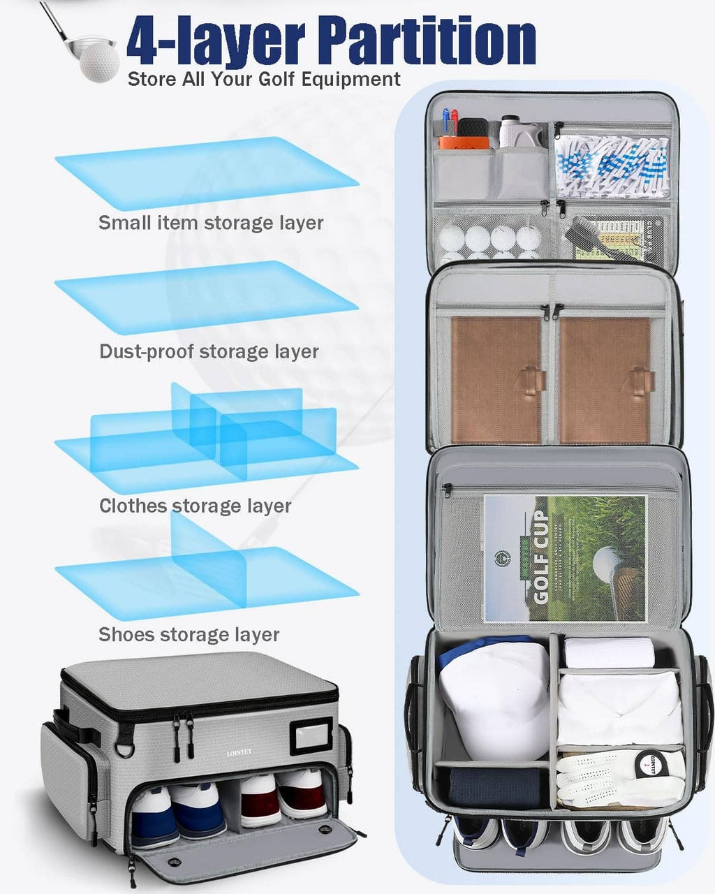 Gray 4-layer golf trunk organizer bag with open storage layers for balls, shoes, and clothes