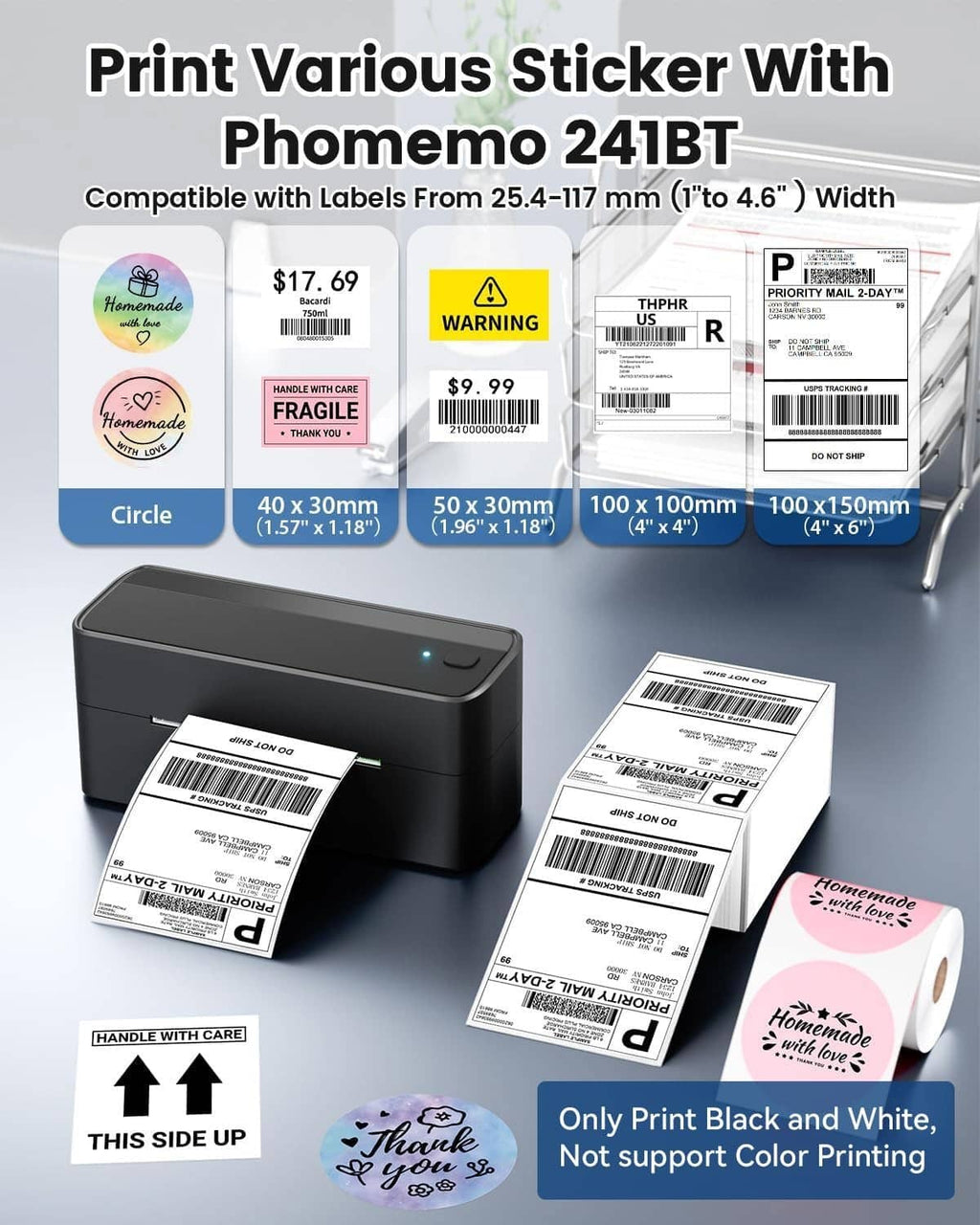 Black label printer printing multiple shipping labels with barcodes and icons