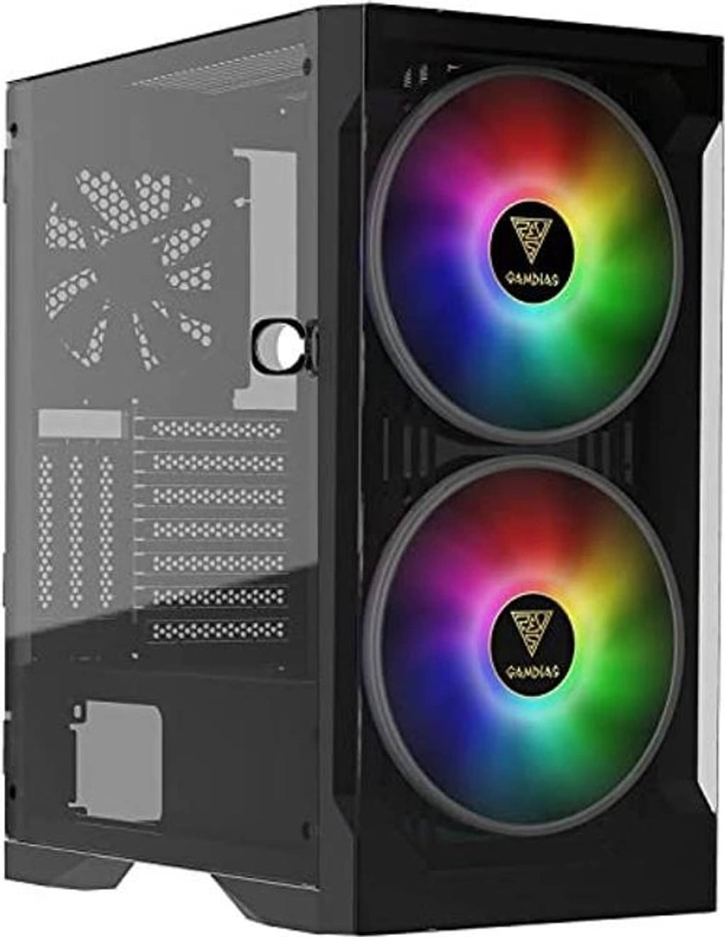 Black mid-tower PC case with two RGB ARGB fans and perforated left side panel
