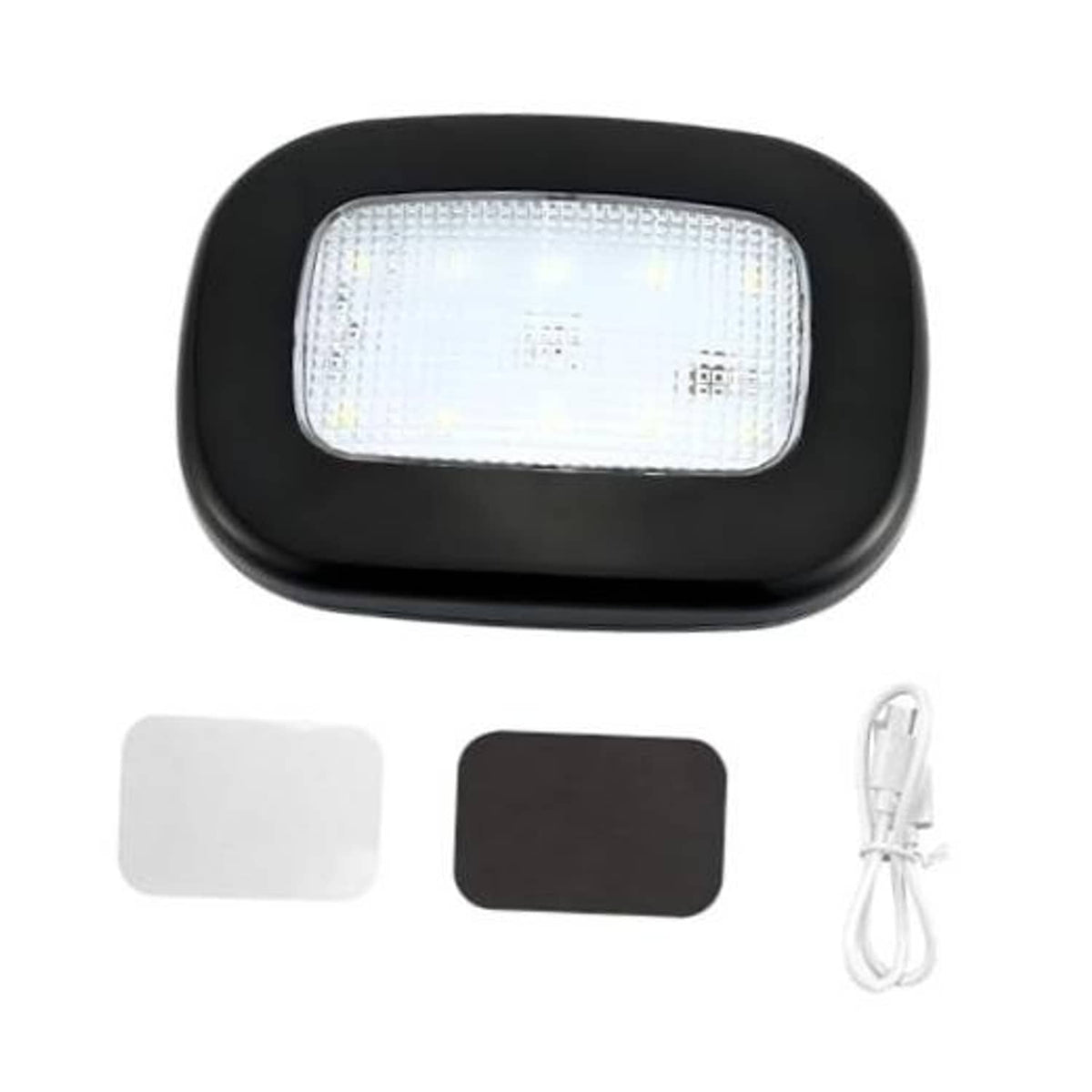 Black magnetic dome LED ceiling light with white lens, plus adhesive pads and cable