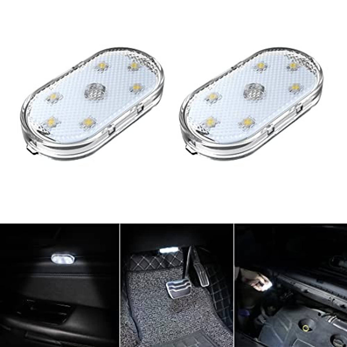 Two oval white LED interior lights shown installed and glowing in car cabin