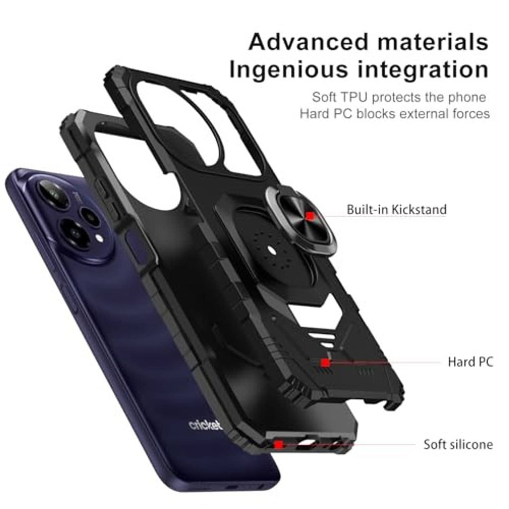 Rugged black hybrid phone case with ring kickstand and reinforced hard edge corners